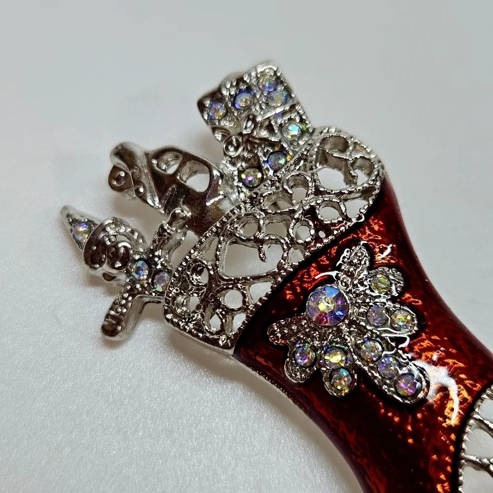 VINTAGE Red Enamel Ornate Silver Tone Christmas Stocking Toys Brooch Pin